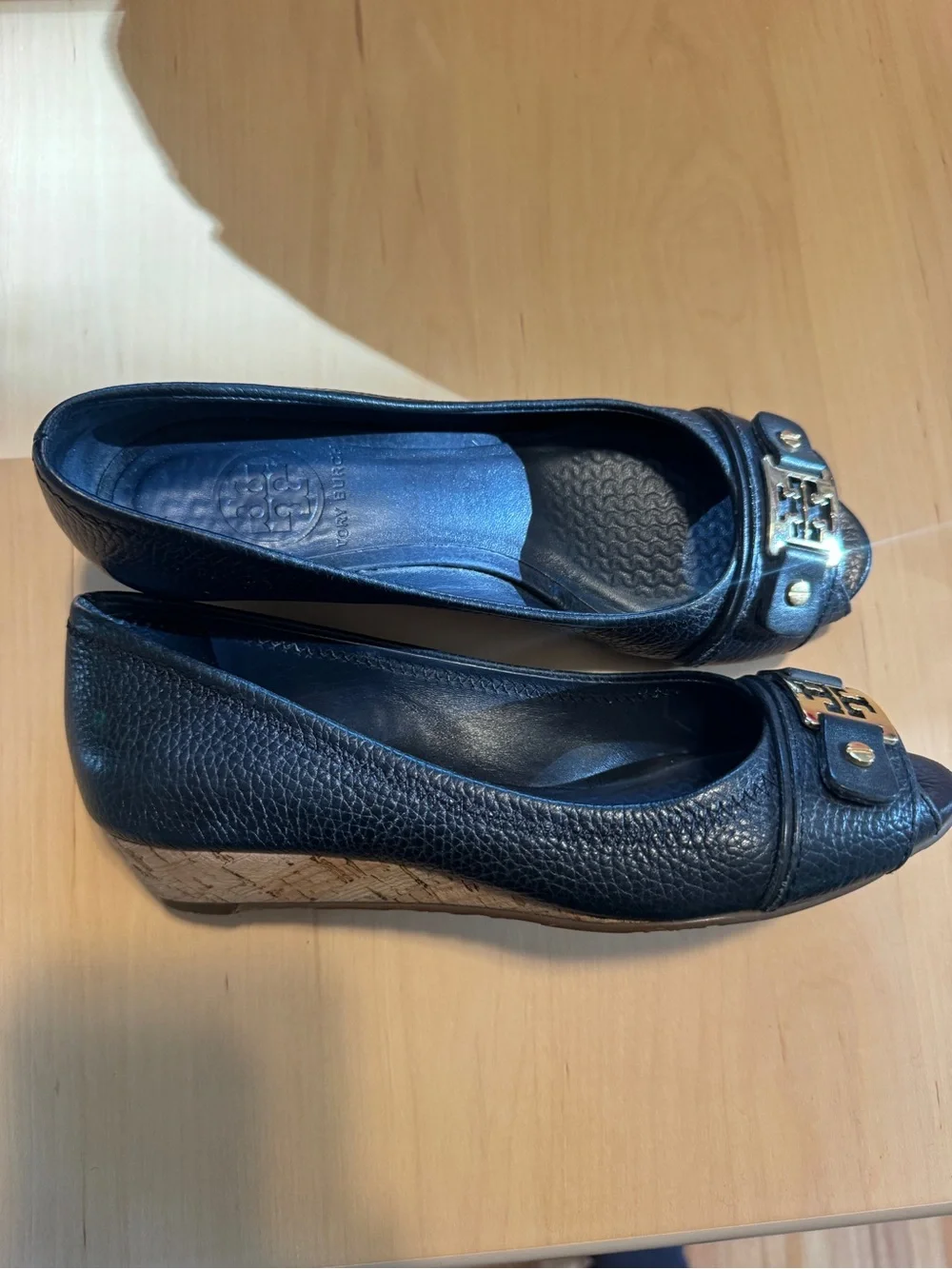 Tory Burch Black Leather Peep-Toe Heels with Gold Logo Accent